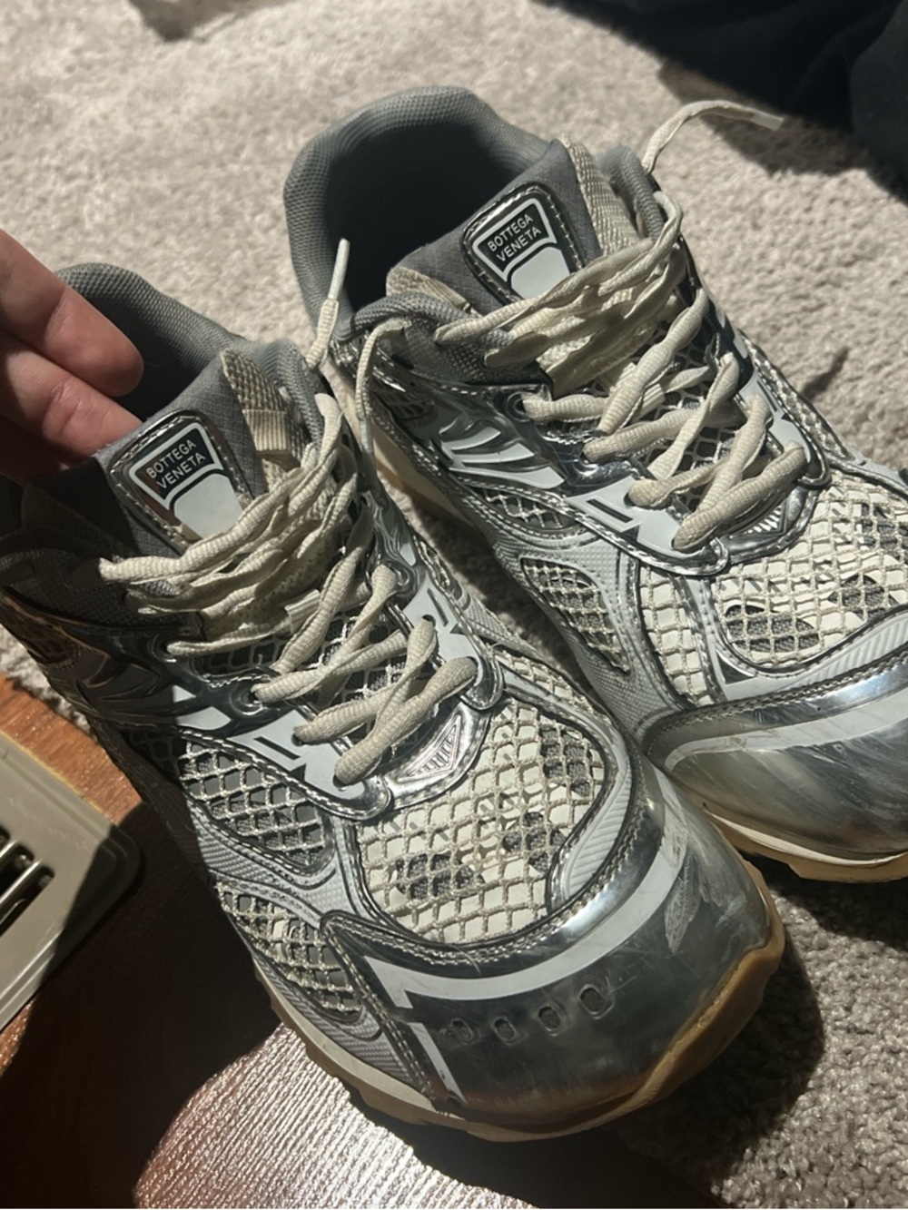 Bottega Veneta Men’s Gray and Silver Chunky Mesh Sneakers
